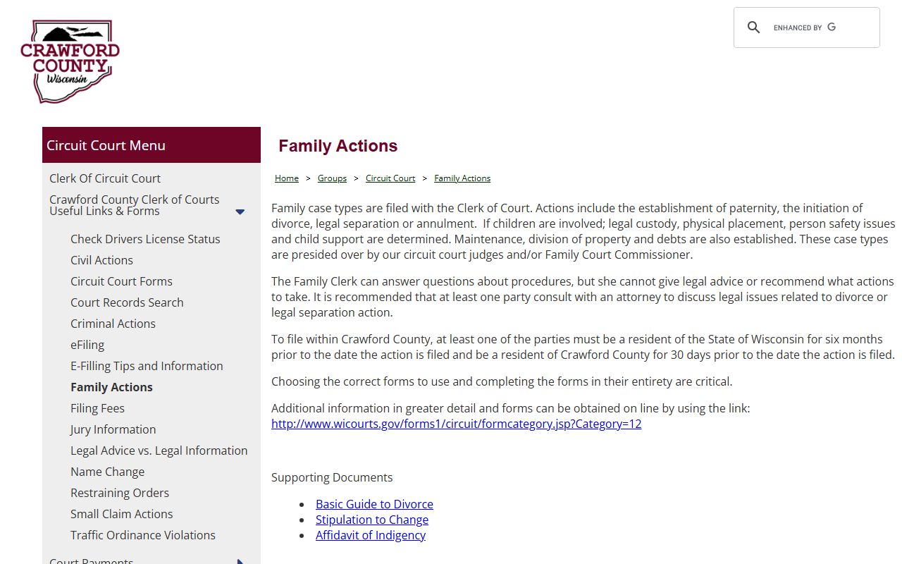 Crawford County Divorce Records family actions page