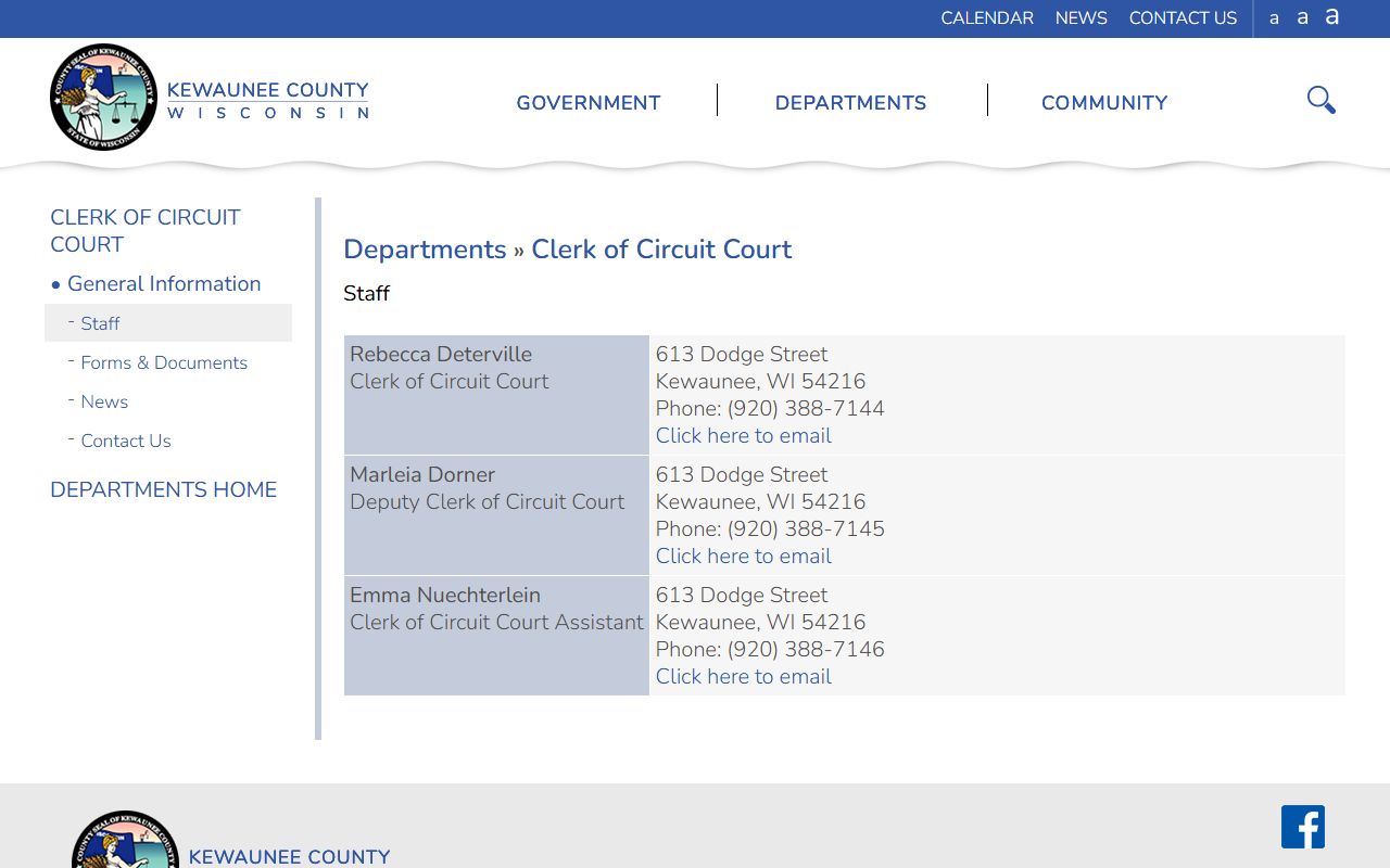 Kewaunee County Divorce Records clerk staff directory