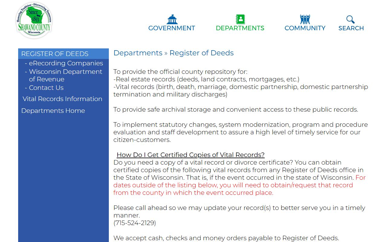 Shawano County Divorce Records register of deeds