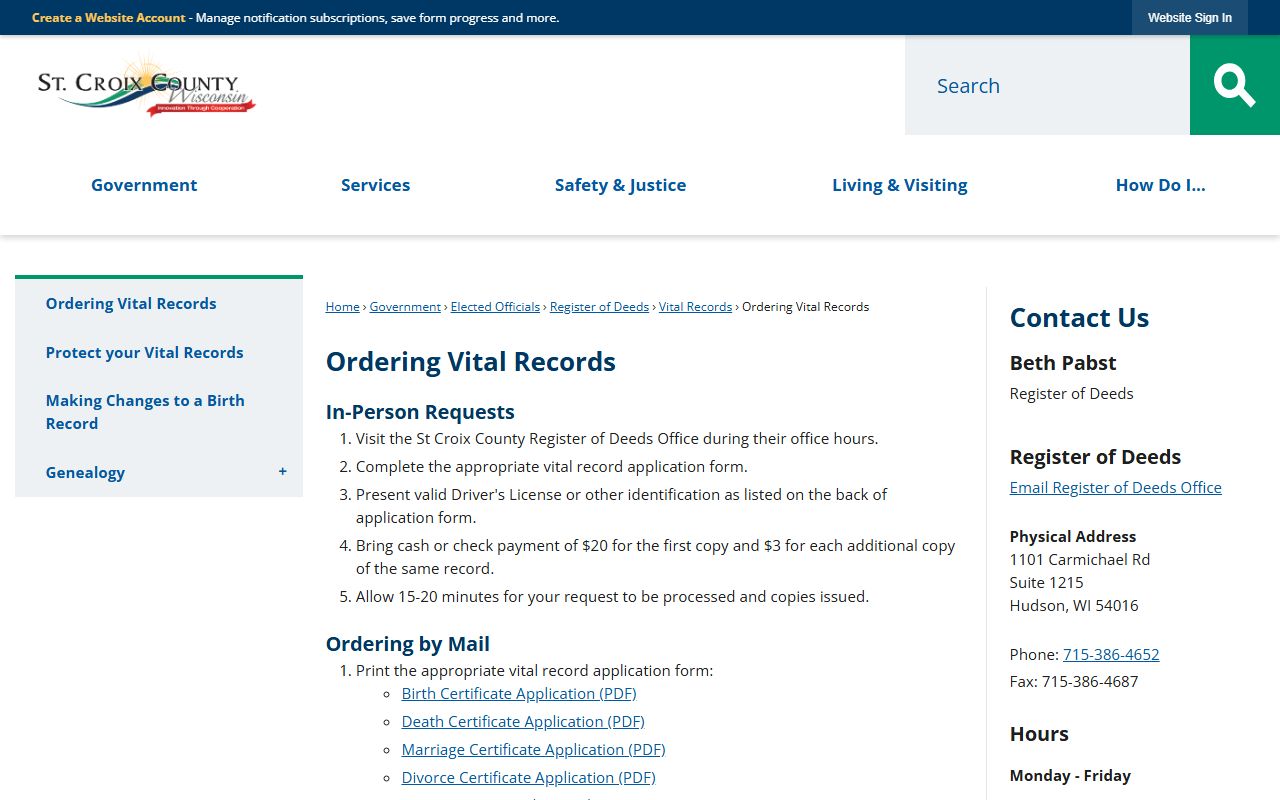 St. Croix County Divorce Records ordering vital records