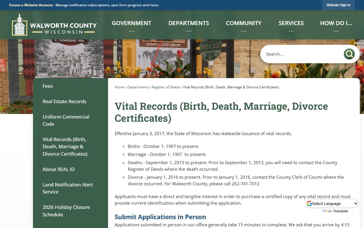 Walworth County Divorce Records vital records page