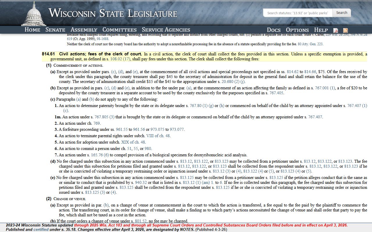 Wisconsin Divorce Records Wisconsin statutes court fees